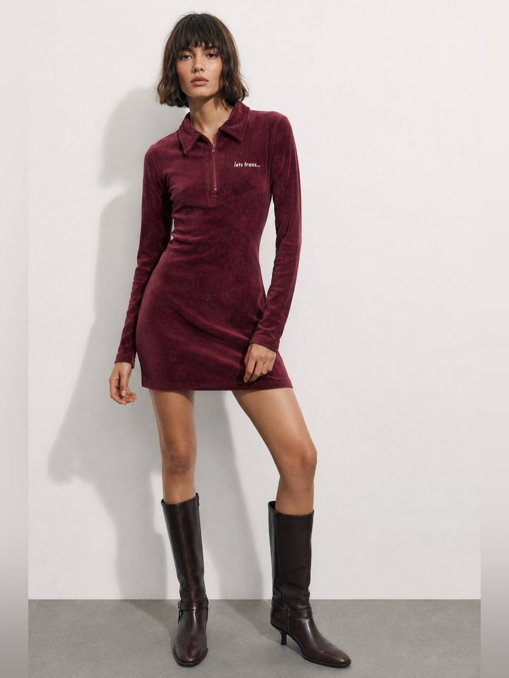 Jets Frans Burgundy Velour Zip Mock Neck Mini Dress Tunic Size S
